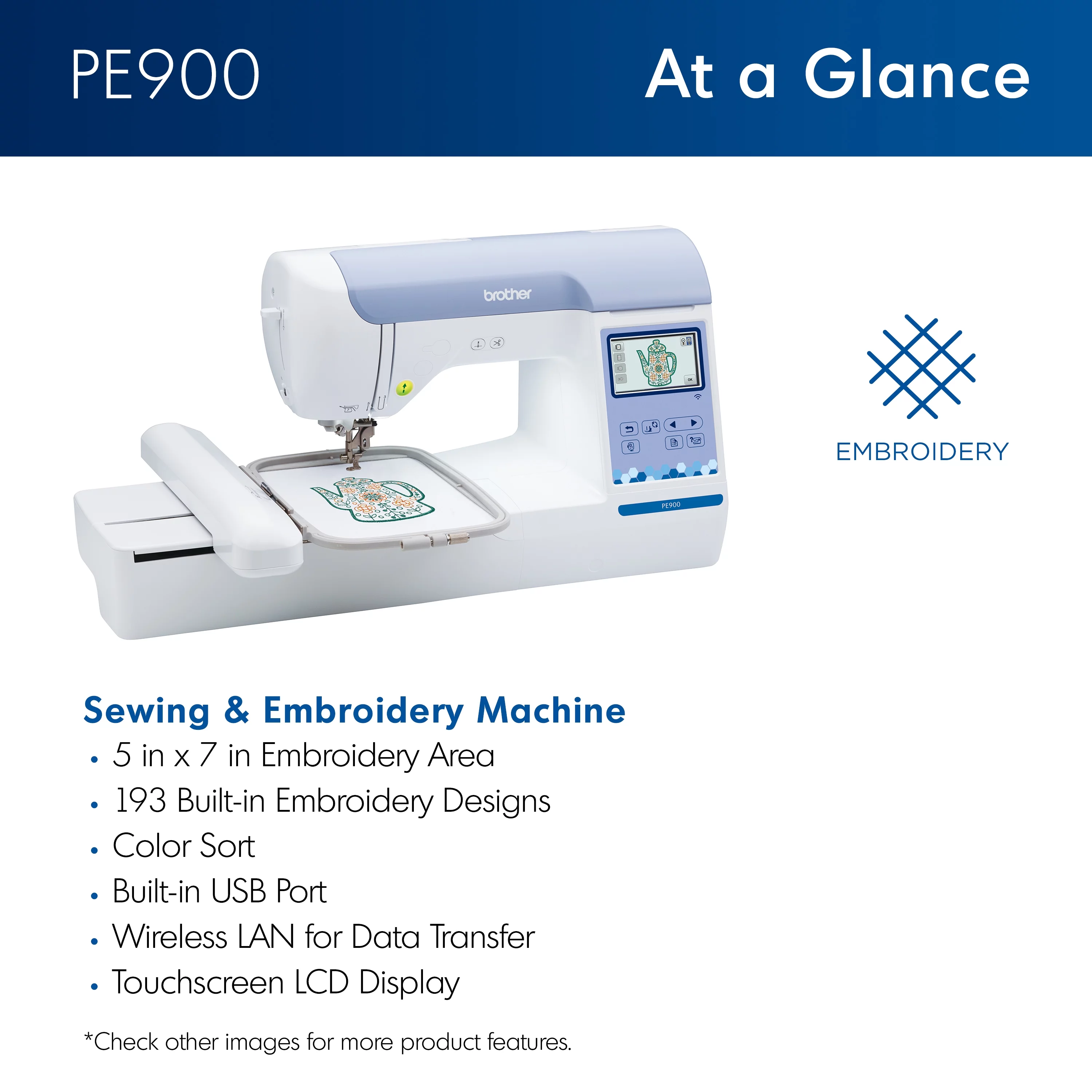 Brother PE900 Embroidery Machine with Built-in Embroidery Designs and Wireless Connectivity