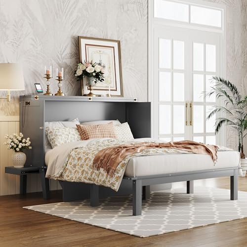 Queen Size Murphy Bed with USB Port, Wooden Queen Bed Frame with 2 Removable Desk, Foldable Cube Cabinet Queen Platform Bed, Modern Murphy Bed for Guest Room Home Office, White