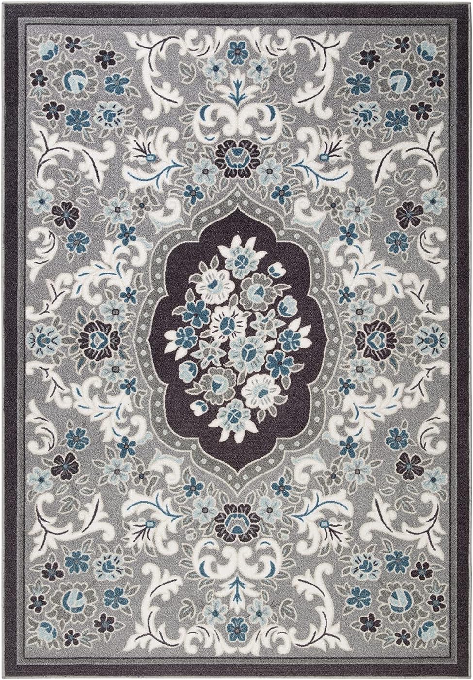 Antep Rugs Alfombras Non-Skid (Non-Slip) 6x9 Rubber Backing Modern Floral Low Profile Pile Indoor Area Rugs (Gray, 6'7