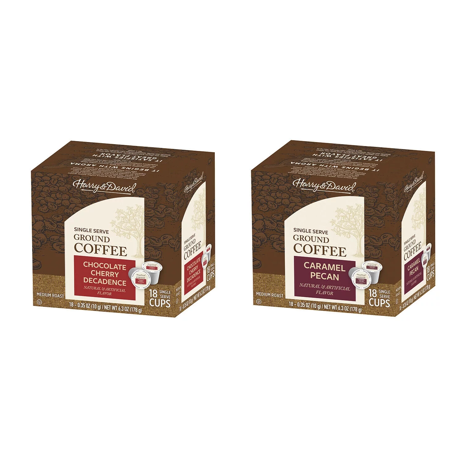 Harry & David Coffee Combo, Chocolate Cherry Decadence, Caramel Pecan 2/18 ct boxes