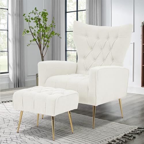 Accent Chair with Ottoman, Upholstered Tufted Boucle High Wingback Armchair with Gold Metal Legs, Club Chair with Ottoman, Reading Sofa Chair for Living Room Bedroom Office, White