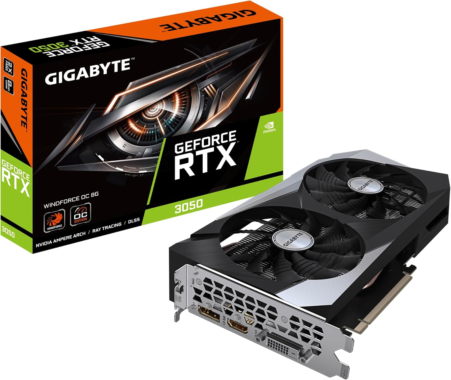 GIGABYTE NVIDIA GeForce RTX 3050 WINDFORCE OC Graphics Card - 8GB GDDR6, 128-bit, PCI-E 4.0, 1792MHz Core Clock, 1x DP 1.4, 1x HDMI 2.1, NVIDIA Ampere - GV-N3050WF2OC-8GD