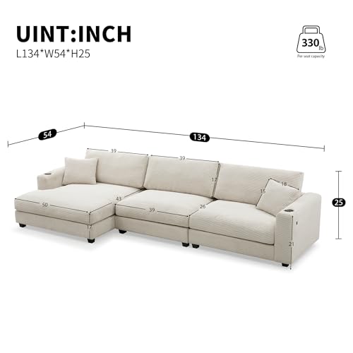 P PURLOVE Oversized Corduroy Sectional Sofa with USB Charging Port, Cup Holder, L Shaped Cloud Couch with 50