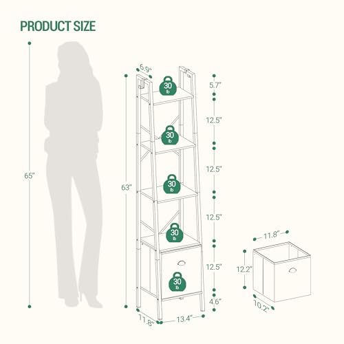 Narrow Bookshelf Bookcase with Drawer, Ladder Shelf with 2 Hooks, Bookshelves Storage Organizer, Freestanding Display Standing for Home Office, Bedroom, 4 Tier Rustic Brown BC19401B