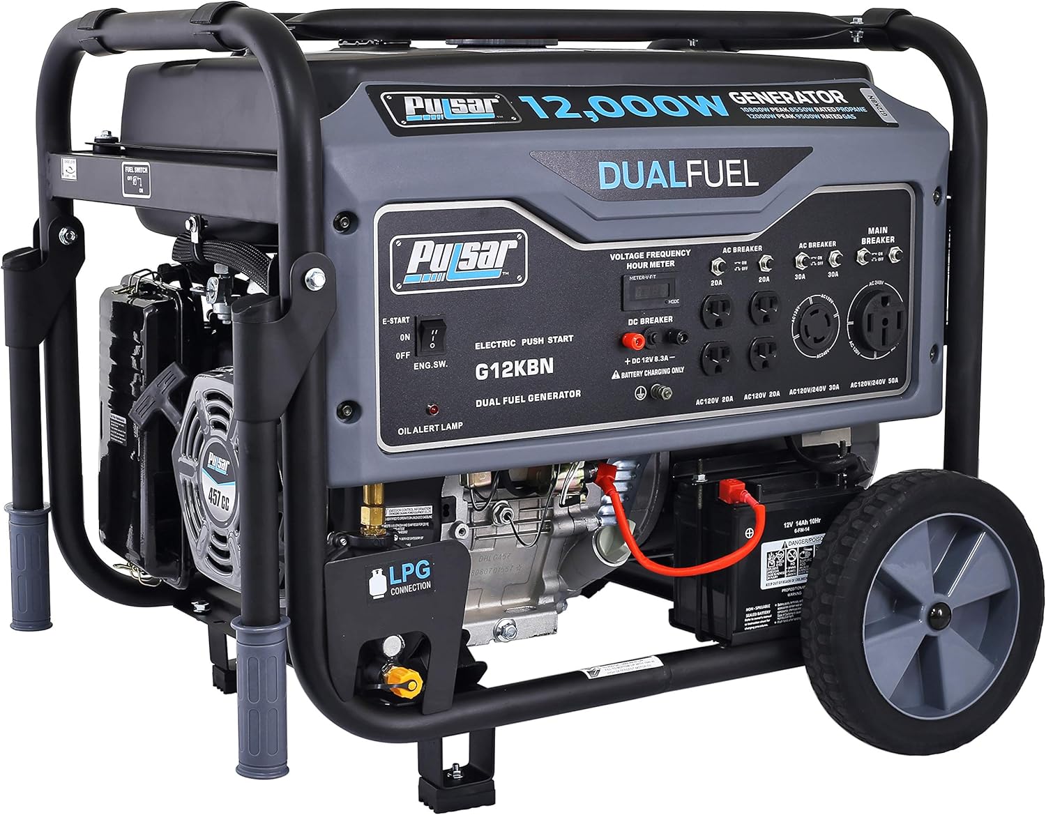 Pulsar G12KBN-SG Heavy Duty Portable Dual Fuel Generator - 9500 Rated Watts & 12000 Peak Watts - Gas & LPG - Electric Start - Transfer Switch & RV Ready - CARB Compliant