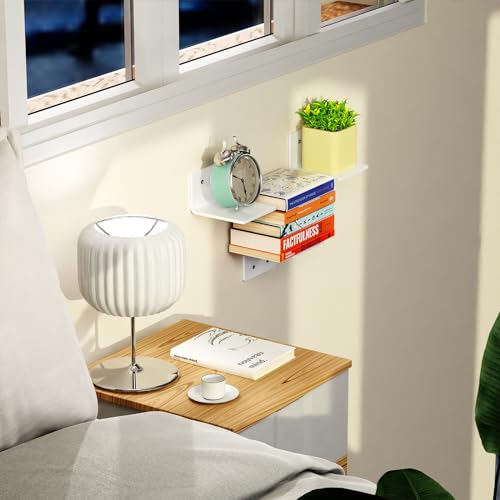 Acrylic Floating Wall Shelf, 4 Inch Mini Shelves for Wall, White Display Organizer Set of 2, Adhesive Shelves for Wall No Screws Stick on Wall Non-Drilling