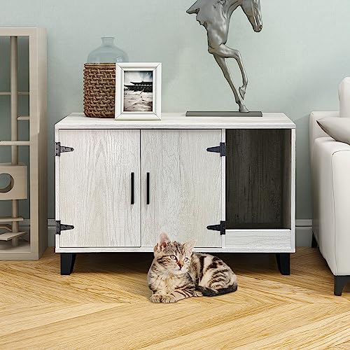 TaoHFE Litter Box Enclosure Cat Litter Box Furniture Hidden With Cat Scratch Pad Decorative Farmhouse Wooden Hidden Litter Box Cat House Litterbox Furniture Cat Box Furniture Litter Box Cabinet (Pine)