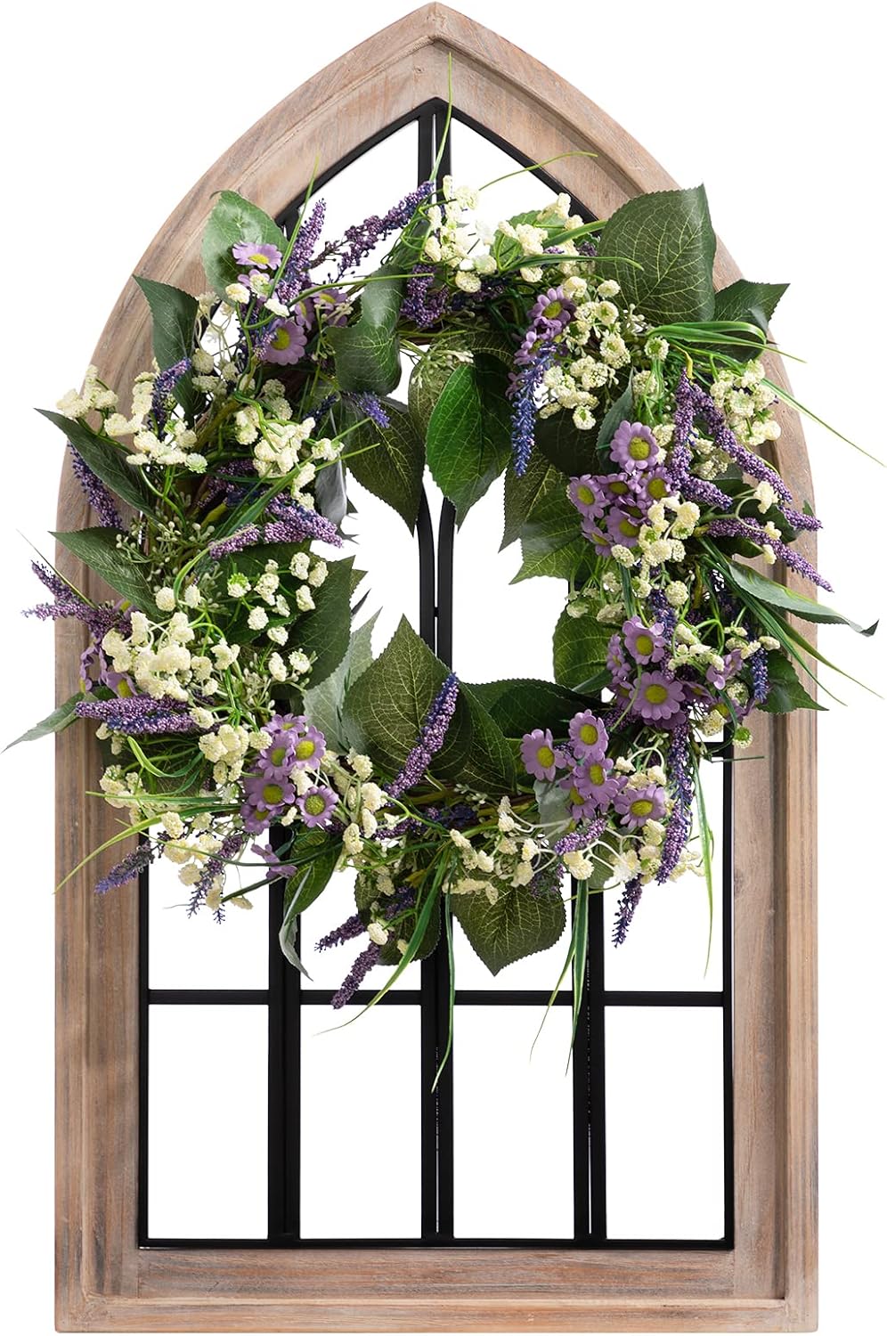 ALIMORDEN Gothic Style Arched Wood and Metal Rustic Window Pane Decorative Cathedral Window Frame, Vintage Country Decor for Living Room Balcony Livingroom Distressed Rustic Brown