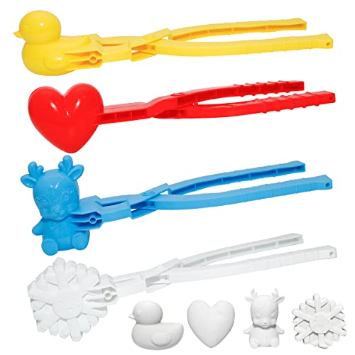 Holady 4PCS Large Size Snowball Maker Clip,Snowball Maker Tool with Handle for Snow Ball Fights, Snow Toys Kids Winter Outdoor Toys（Dinosaur, Love Heart, Duck, Thumb Shape）