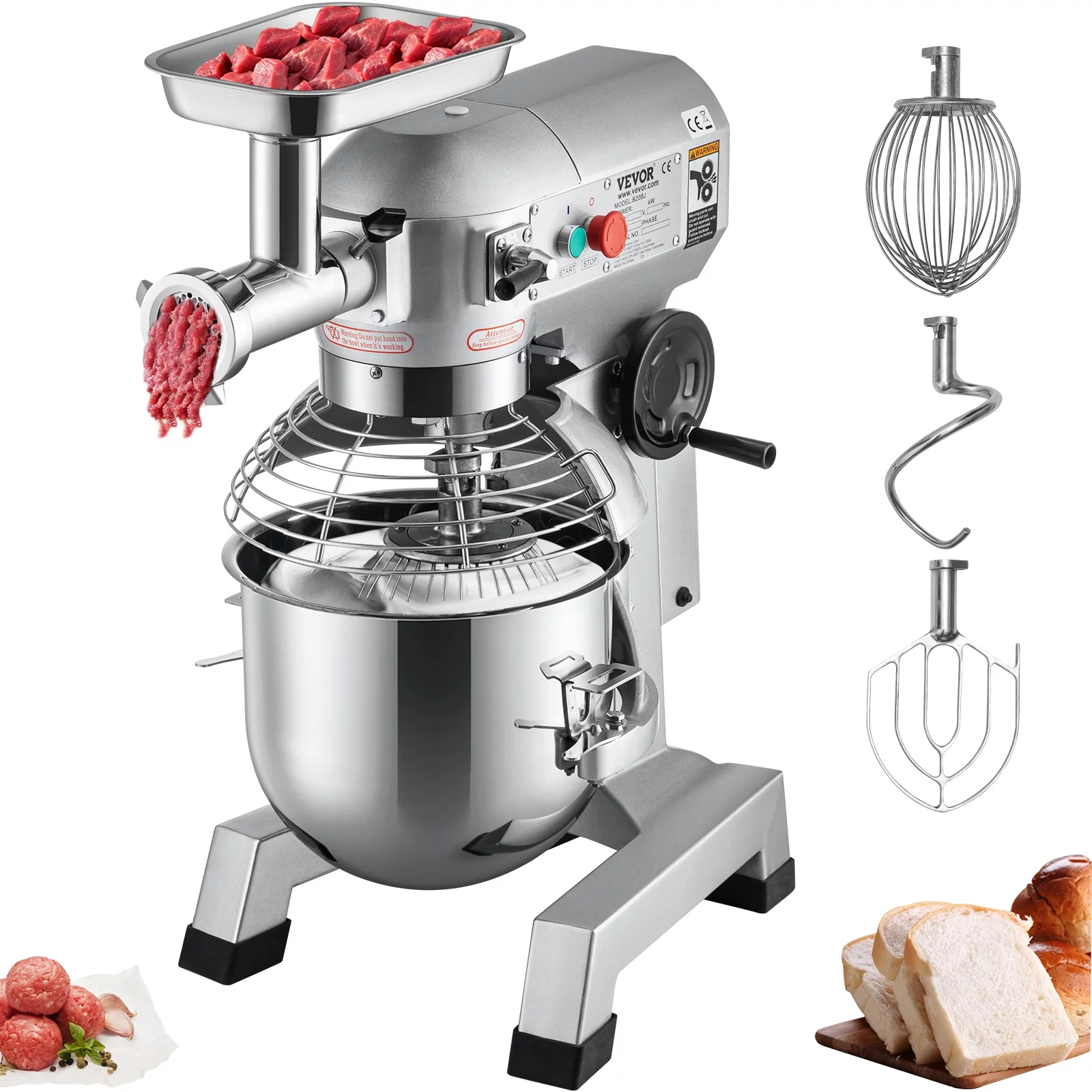 VEVORbrand Commercial Stand Mixer, 20Qt Stainless Steel Bowl, 1100W 2 in 1 Multifunctional Electric Food Mixer with Meat Grinder & 3 Speeds, Dough Hook Whisk Beater Included
