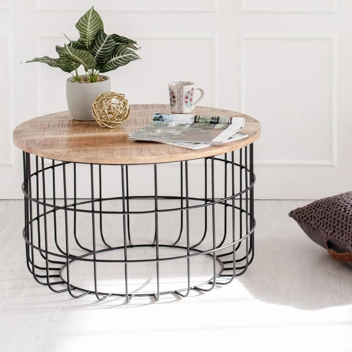 Carbon Loft Chessor Black and Natural Wood Cage Coffee Table