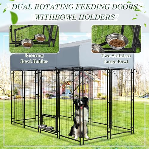 Grepatio 8x4x5.7 FT Outdoor Dog Kennel with Roof, Heavy Duty Dog Cage for Large Dogs, Outside Dog Enclosure with 2 Rotating Dogs Bowls, Welded Wire Steel Dog Run Playpen Fence with Secure Lock