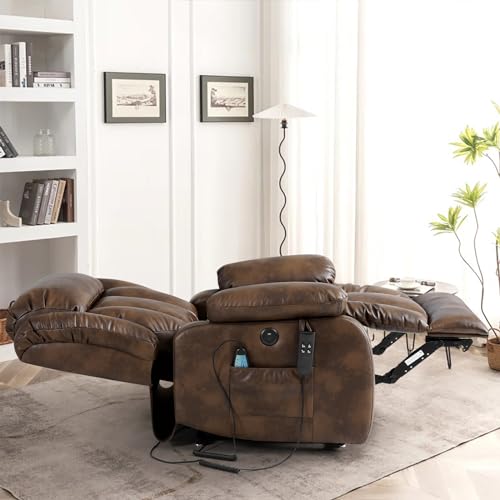 Large Power Lift Chairs Recliners for Elderly with Heated and Massage,Infinite Position Overstuffed Wide Power Lift Recliner，4 Positions, Breathable Leather, USB Ports and Remote Controls (Dark Blue)