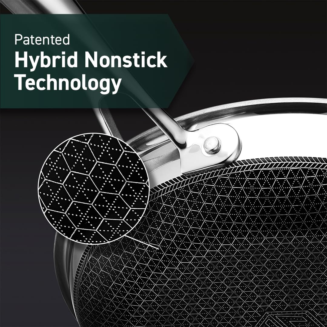 HexClad 4 Piece Hybrid Stainless Steel Cookware Set - 10 Inch Frying Pan with Lid and 12 Inch Frying Pan with Lid, Stay Cool Handle, Dishwasher and Oven Safe