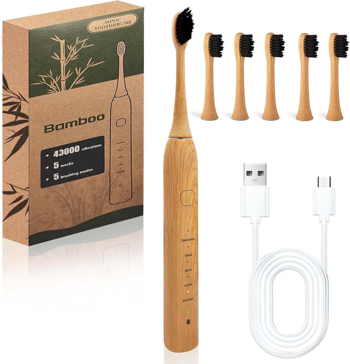 Bamboo Electric Toothbrush, 5 Cleaning Modes Sonic Toothbrush-Newly &Bamboo Electric Toothbrush Replacement Heads with Plant-Based Bristle Compatible with Philips Sonicare 4 Pack