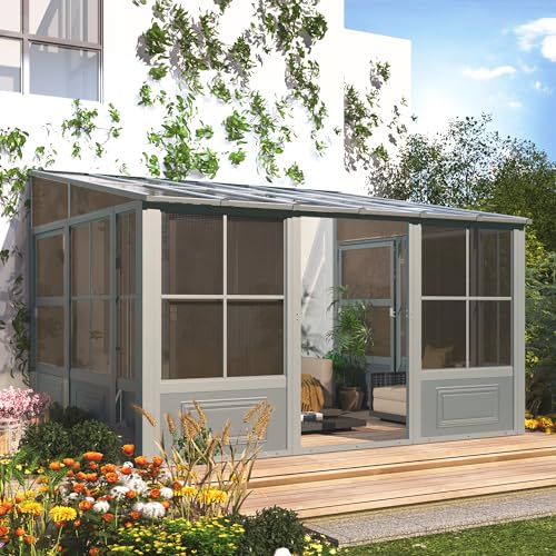 EROMMY 10' x 16' Sunroom, Wall Mounted Gazebo Solarium with Aluminum Frame, Polycarbonate Roof, Permanent Sun Room with Sliding Doors, Lockable PC Screen Walls, Lean to Gazebo for Garden, Patio, Deck