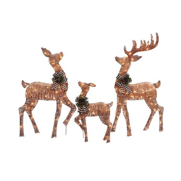 Holiday Time Set of 3 Light-Up Rattan-Look Deer Family, with 210 Clear Incandescent Christmas Lights