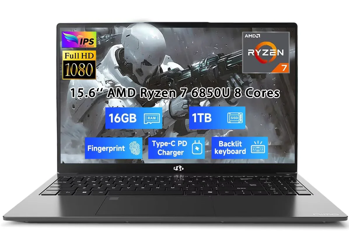 15.6" Light-Gaming-Laptop, 8 Cores AMD Ryzen 7 Pro 6850U 16GB LPDDR5 RAM 1TB SSD (Beat i7-1360P Up to 4.7GHz) AMD Radeon 680M GPU IPS FHD Computer with 100W Type-C Backlit Keyboard Fingerprint