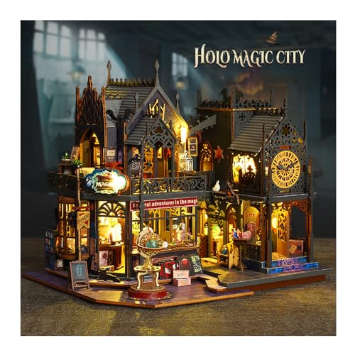 DIY Miniature Dollhouse Kit Magic Castle,Tiny House to Build Live in,Mini Handmade Unzip 3D Wooden Puzzle Furnishing Decor Model(ES012-Holo Magic City)