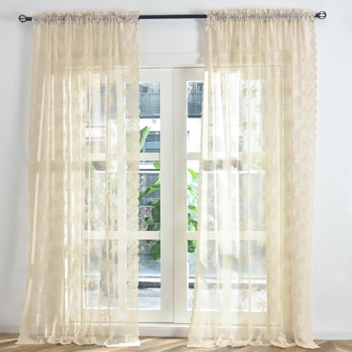 Kotile Ivory Lace Curtains 63 Inch Length 2 Panels Set, Country Floral Scalloped Edge Pattern Old Fashion Lace Curtains for Bedroom, Grommet Privacy Vintage Lace Curtains, 52 x 63 Inch, Ivory/Cream