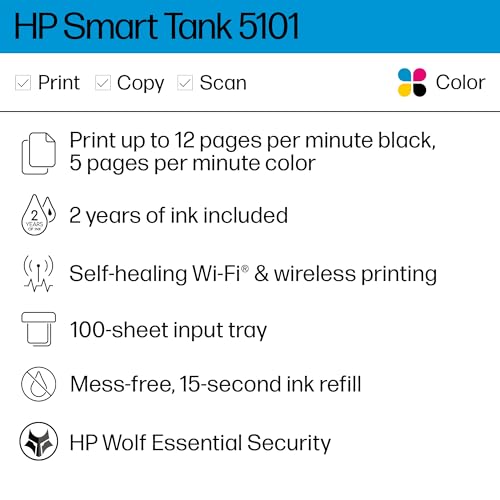 HP Smart Tank 5101 Wireless All-in-One Ink Tank Printer with up to 2 years of ink included (1F3Y0A)