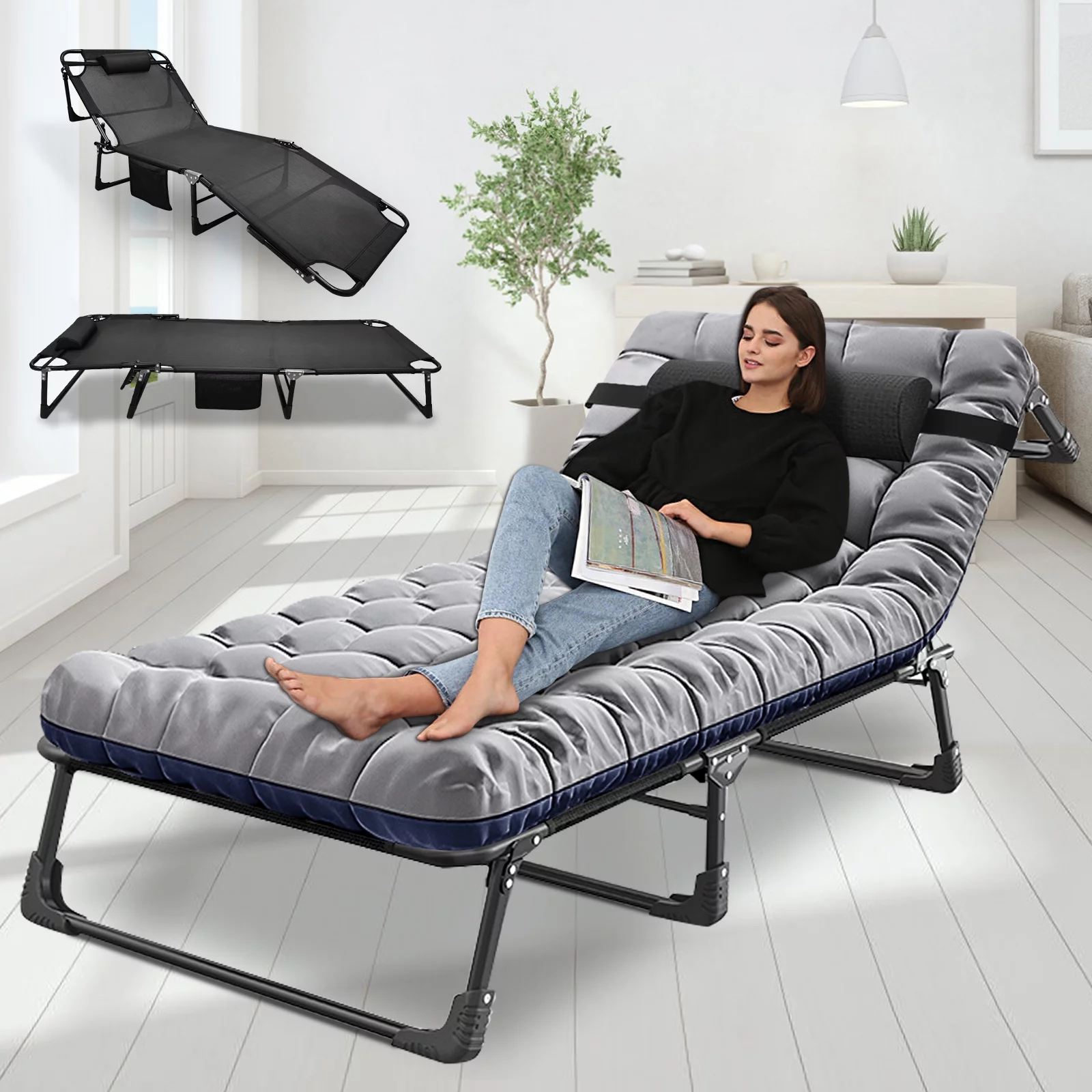 FICISOG Folding Camping Cot,Sleeping Cots Bed,Adjustable 4-Position Adults Reclining Folding Chaise with Pillow&Mattress,Perfect for Camping,Pool,Beach