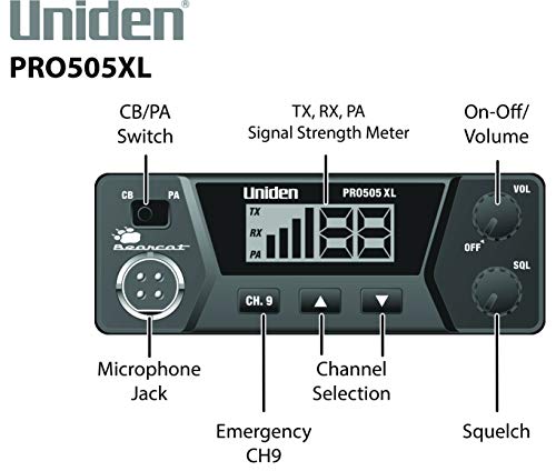 Uniden PRO505XL 40-Channel CB Radio. Pro-Series, Compact Design. Public Address (PA) Function. Instant Emergency Channel 9, External Speaker Jack, Large Easy to Read Display. - Black