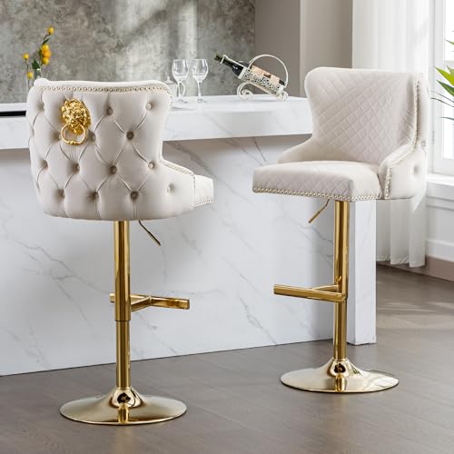 Velvet Barstools Set of 2, Counter Height Adjustable Swivel Barchairs with Golden Lion Head Ring, Thicken Padded Tufted Backrest Chrome Nailhead Trim Bar Stools for Kitchen(Beige)