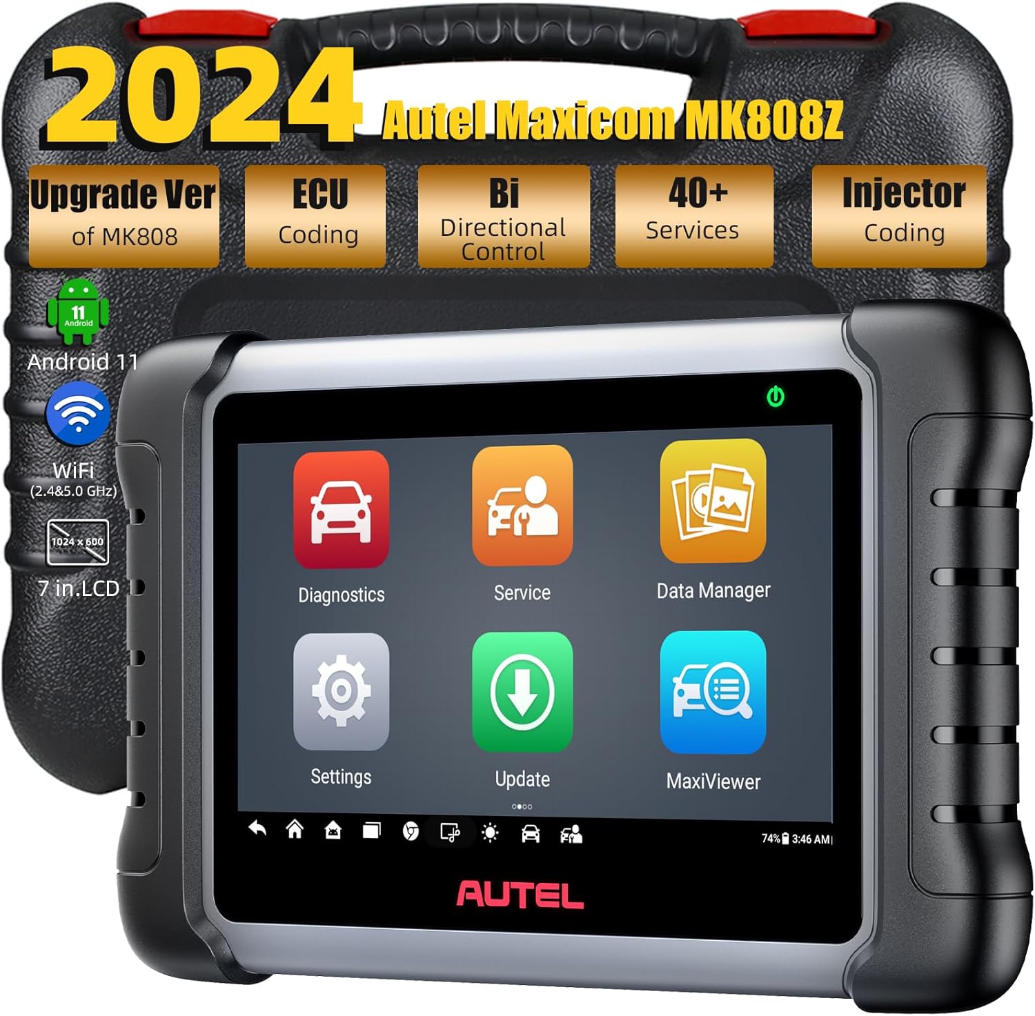 Autel MaxiCOM MK808Z Scanner, 2024 Bidirectional OBD2 Auto Scan Tool:Same as MK808S/MX808S, Alternative MaxiCheck MX900, Car Scanner Diagnostic Tool, 40+ Service Active Test Injector Coding Android 11