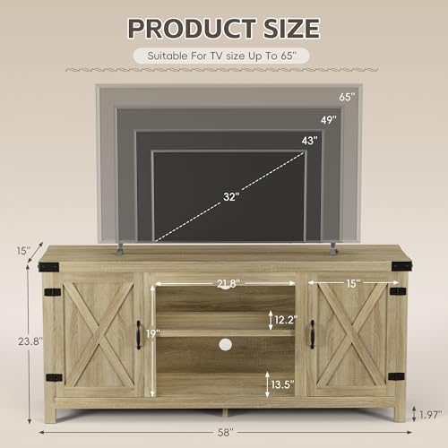YESHOMY Modern Farmhouse TV Stand with Two Barn Doors and Storage Cabinets for Televisions up to 65+ Inch, Entertainment Center Console Table, Media Furniture for Living Room, 58 Inch, Gray Wash