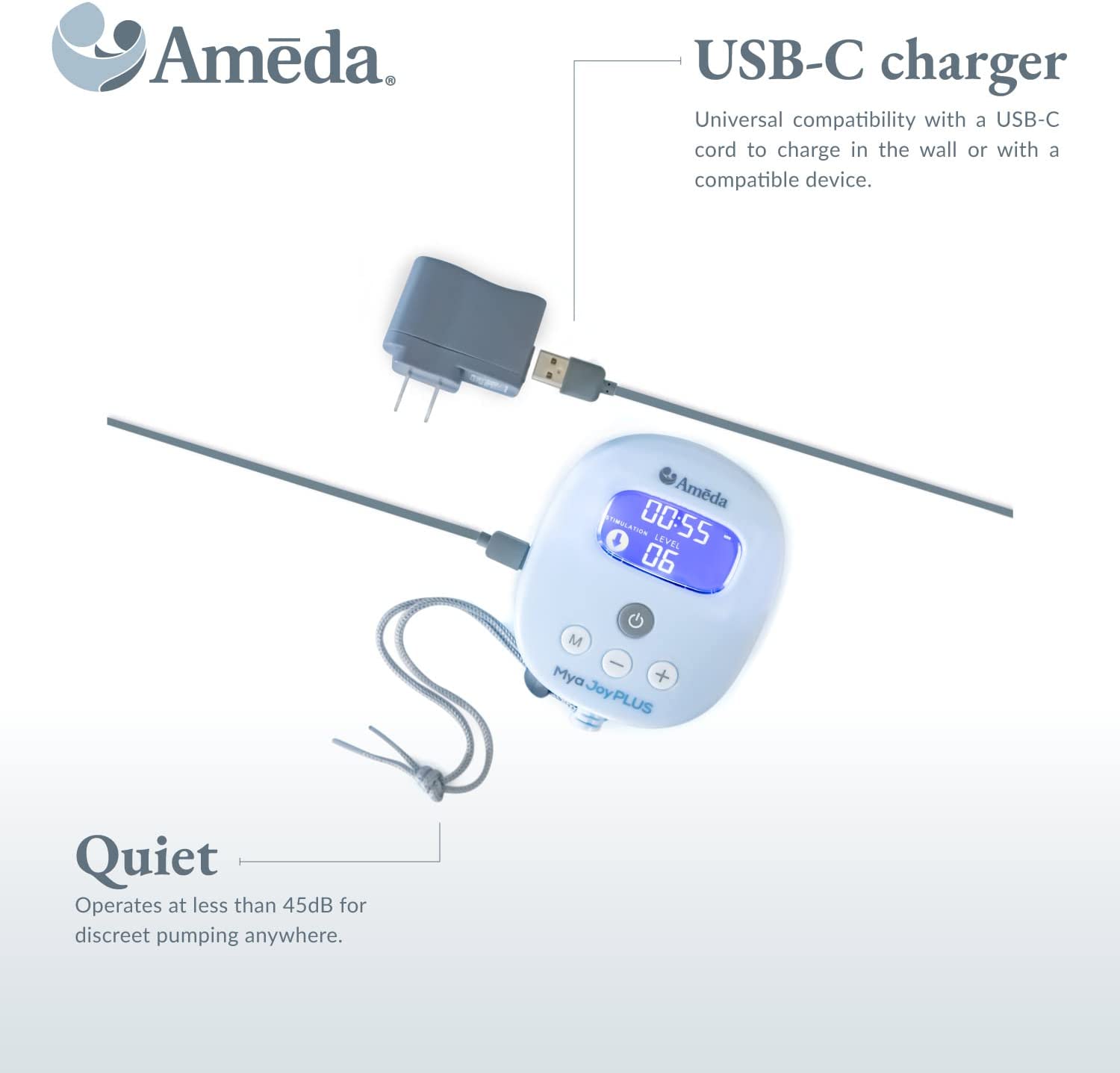 Ameda MYA Joy Plus Double Electric Rechargeable Breast Pump, Hospital Performance Breast Pump, Portable Breastpump, Quiet Breast Pump, White Pump & Accessories