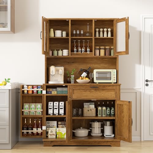 Shintenchi Kitchen Pantry Storage Cabinet, Freestanding Buffet Cabinet with Microwave Stand & 4 Door Shelves, Kitchen Hutch with Doors, Adjustable Shelves and Wine Rack, Brown