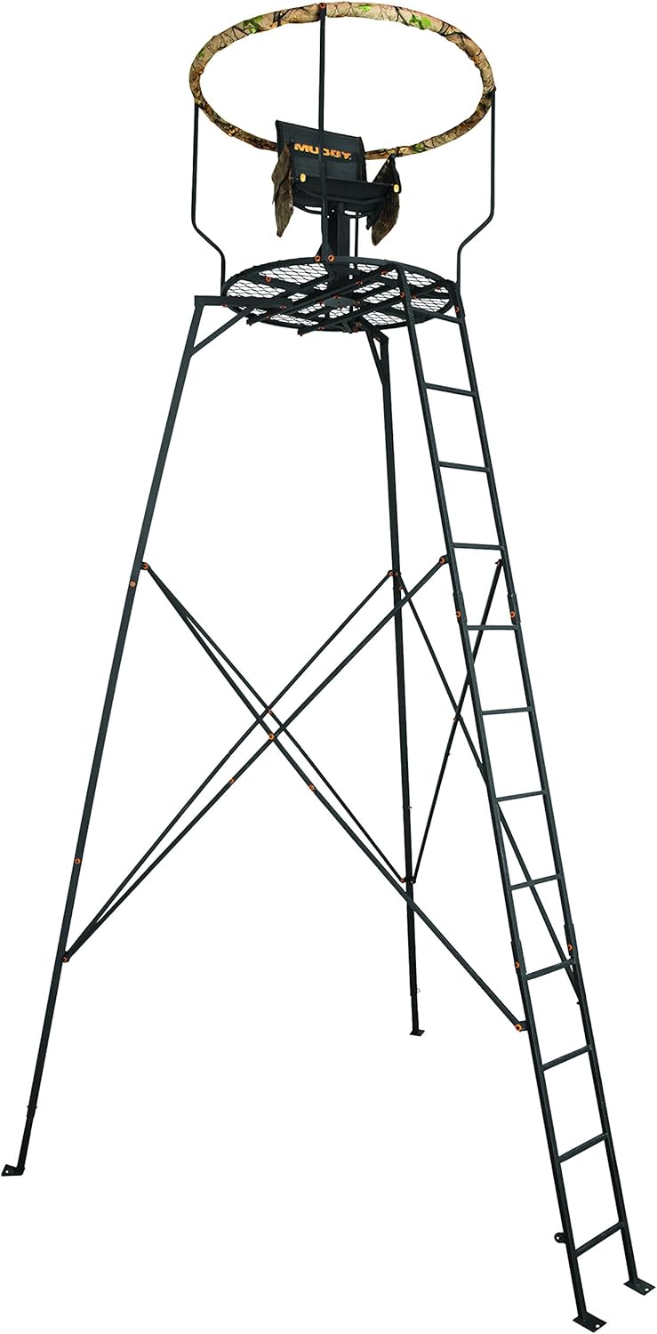 MUDDY Liberty - 16 Foot High Durable Extra-Wide Single Seater Foldable Outdoor Hunting Tripod Stand with 360-degree Flex Tek Seat & 2 Detachable Gear Bags, 300 Pound Maximum Capacity