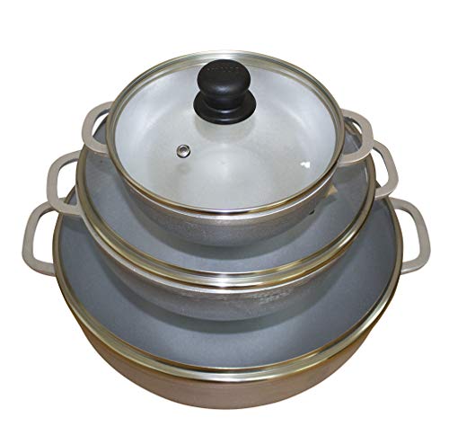 IMUSA USA Traditional Colombian Natural Caldero Glass Lid & Steam Vent 3-Piece (1.4/3.4/6.6) Quart, Silver (Dutch Oven Set) & GAU-80503 2.6Qt Traditional Colombian Caldero (Dutch Oven), Silver