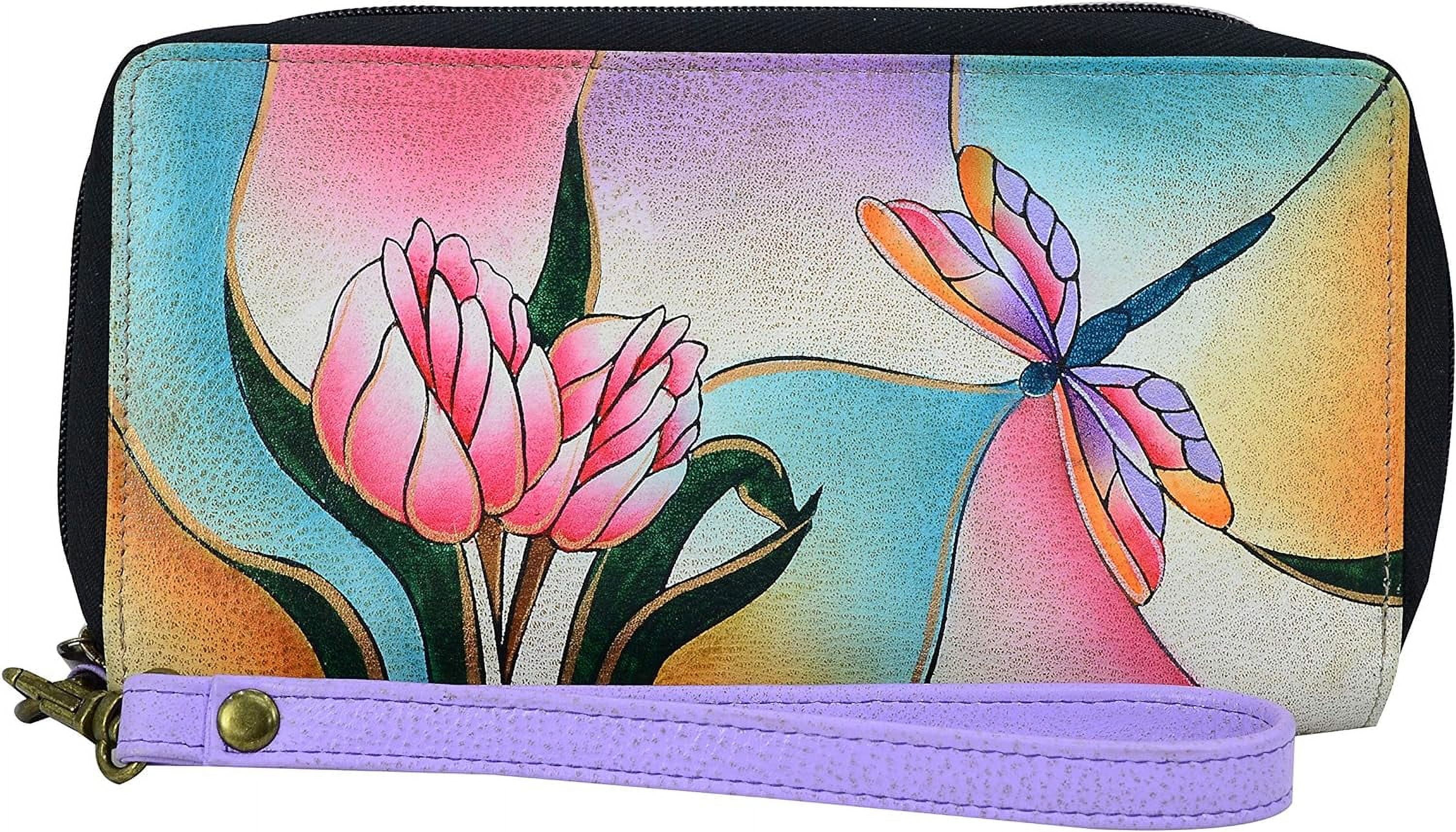 Anna by Anuschka Women's Hand Painted Genuine Leather Zip-Around Clutch - Dragonfly Glass Painting