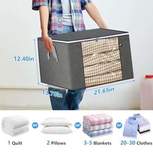 Large Storage Bags for Clothes, 3 Pack Foldable Blanket Clothing Storage Bags with Lids and Reinforced Handle, Storage Containers with Zipper for Organizing Bedroom, Closet, Comforter (60L, Grey)