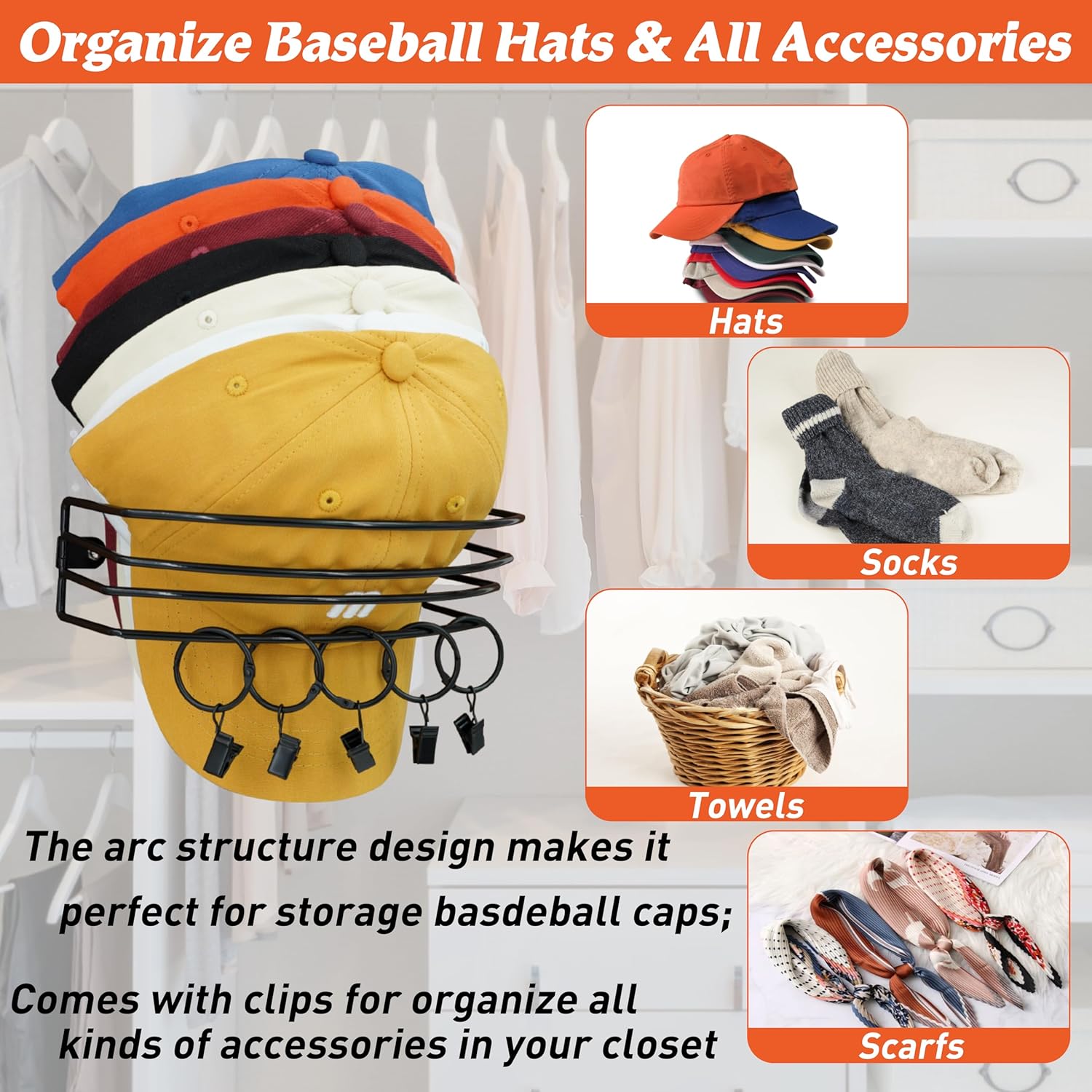 Hat Rack for Wall, 2 Packs Baseball Hat Organizer Wall Mounted Ball Cap Storage Holder with 10 Clips, Space Saver Caps Display Hanger for Closet and Door, Hold Up to 35 Caps - Black