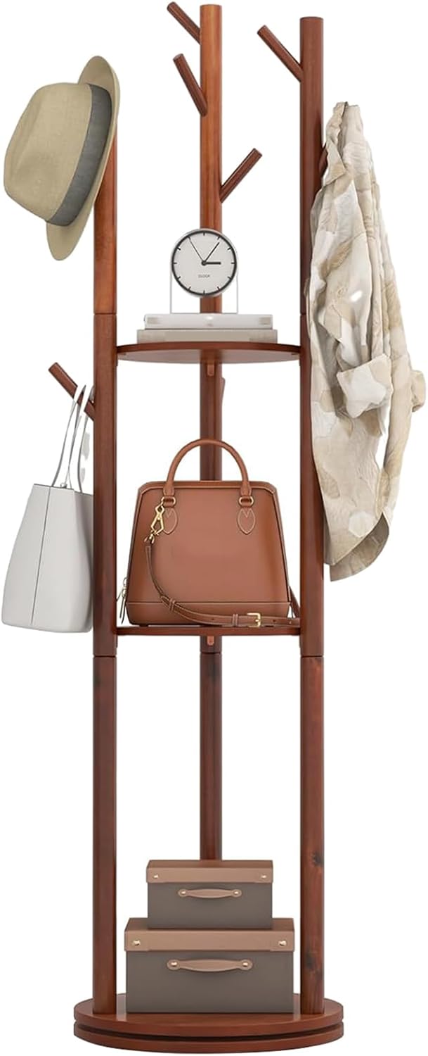 Rotary Coat Rack, Wooden Coat Rack Freestanding with 3 Shelves and 9 Hooks, Coat Tree, Sturdy and Easy Assembly Coat Rack Stand for Entryway,Hallway,Bedroom,Coats,Bags,Hats, Walnut