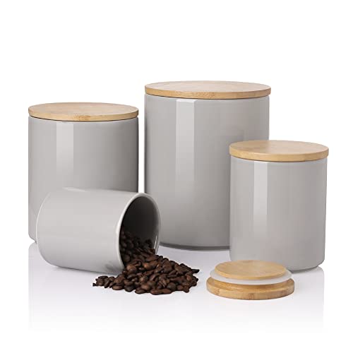 Sweejar Ceramic Canisters Set, Food Storage Jars with Airtight Seal Bamboo Lid, Stackable Containers for Kitchen Counter, Ground Coffee, Flour, Sugar, Cookie, Dog Treats, Candy, Pack of 4 (White)
