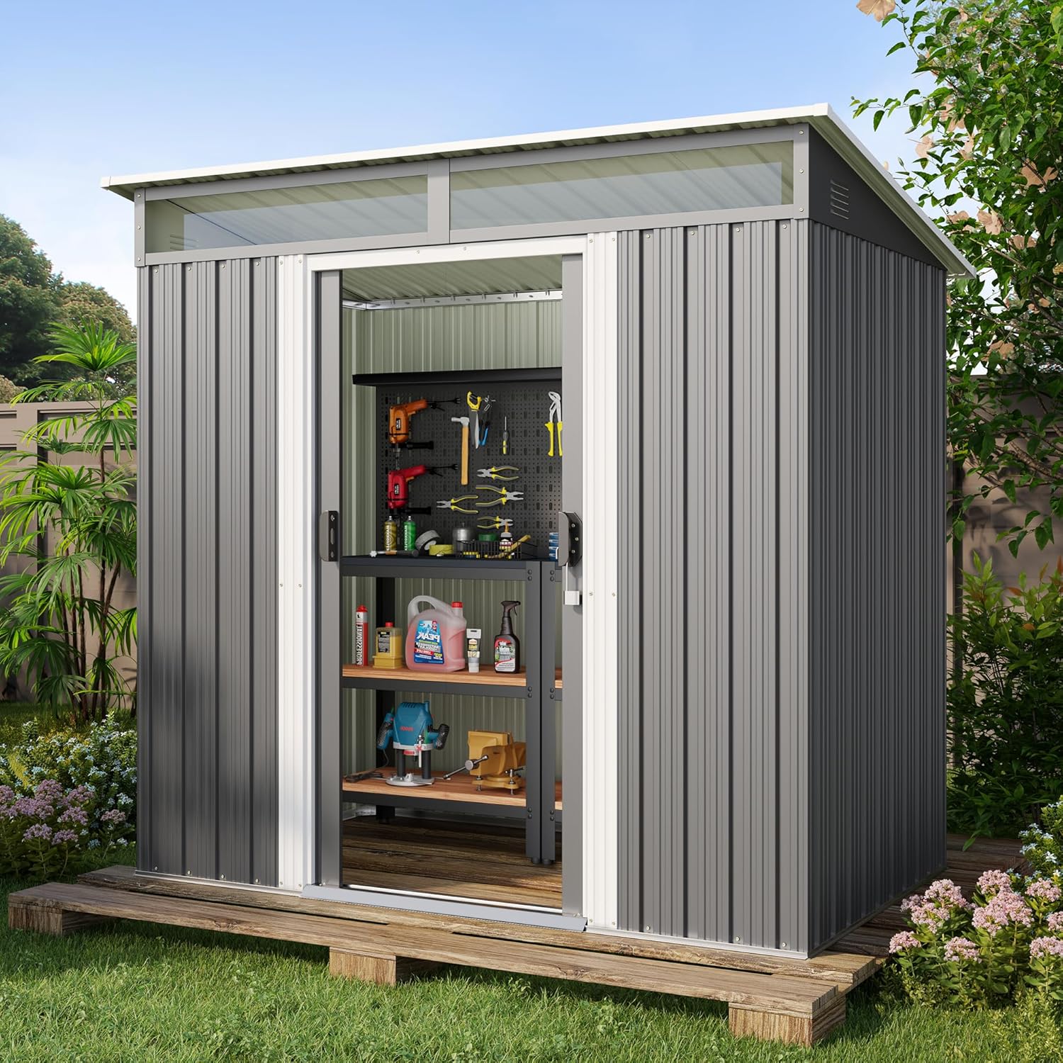 Gizoon 6' x 4' Outdoor Storage Shed with Sliding Doors, Versatile Metal with Anchors, Tool Shed with Transparent Panel Windows, Outdoor Storage Clearance for Backyard, Patio, Garden Dark Gray
