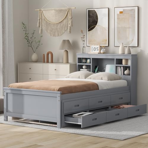 Full Size Bookcase Bed with Charging Station, Wood Captain Bed with Trundle and Storage Drawers, Full Platform Beds with Storage Headboard for Kids Boys Girls, Noise Free, No Box Spring Needed, Gray