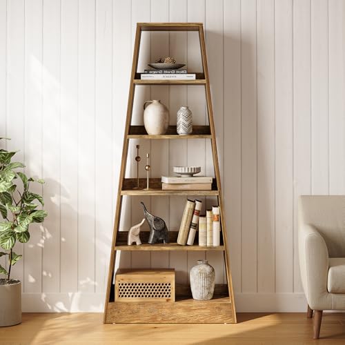 LITTLE TREE 6-Tier Bookshelf, 70.87-Inch Ladder Bookcase, Tall Standing Wooden Bookcase Display Shelf in Warm Umber Wood Finish, Storage Solution for Living Room, Office, Bedroom