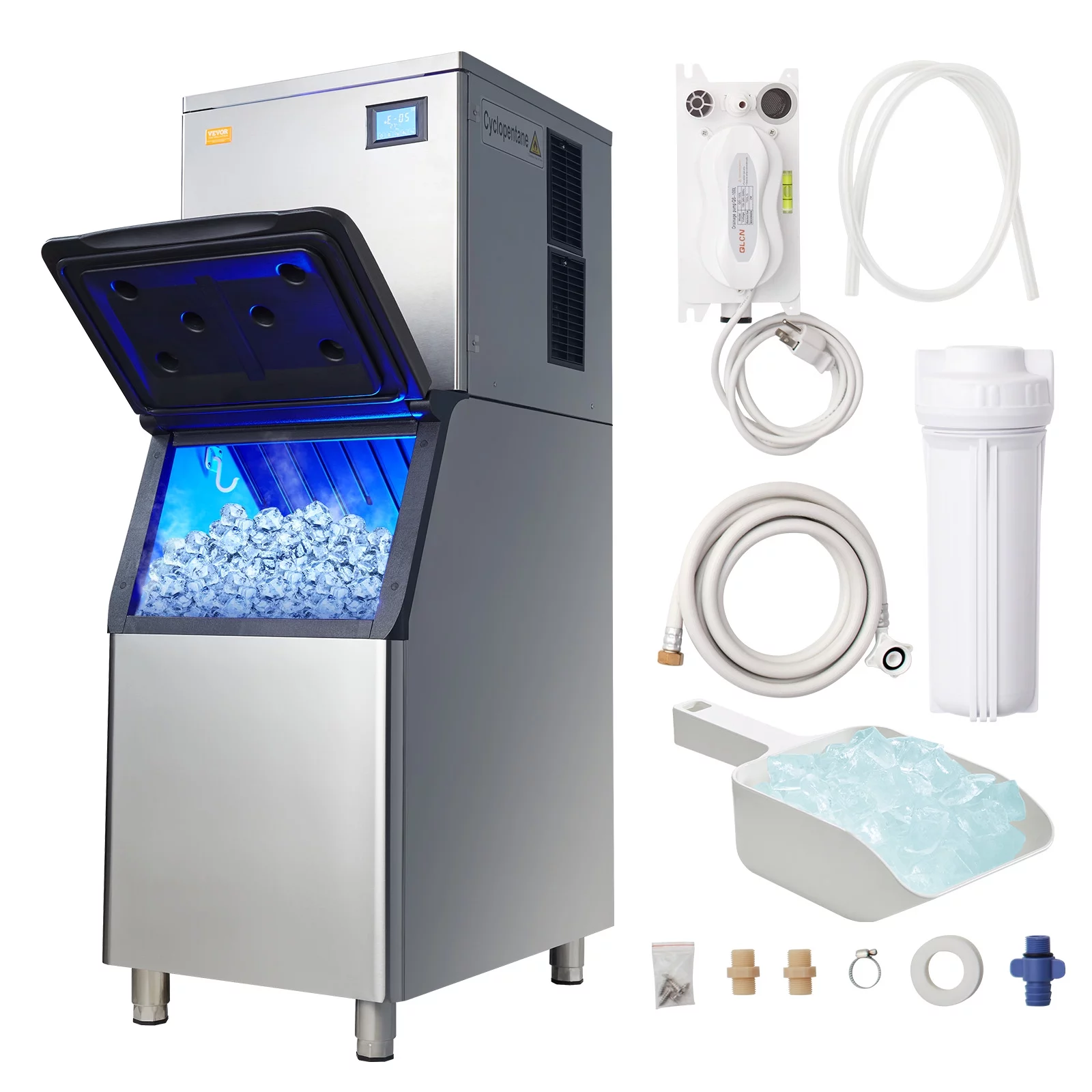 BENTISM Commercial Ice Maker 400lbs/24H, 330LBS Large Storage Bin, ETL Approved, Clear Cube, Advanced LCD Panel, SECOP Compressor, Air Cooled, Quiet Operation, Include Scoop & Premium Water Filter