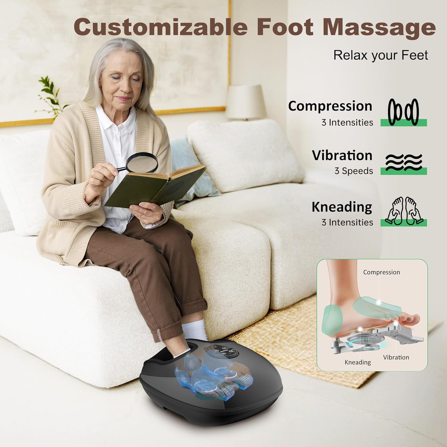 Shiatsu Foot Massager with Heat, Electric Foot Massager Machine with Deep Kneading, Compression, Vibration, Remote Control, Feet Massager for Plantar Fasciitis, Neuropathy, Size 13, Gifts