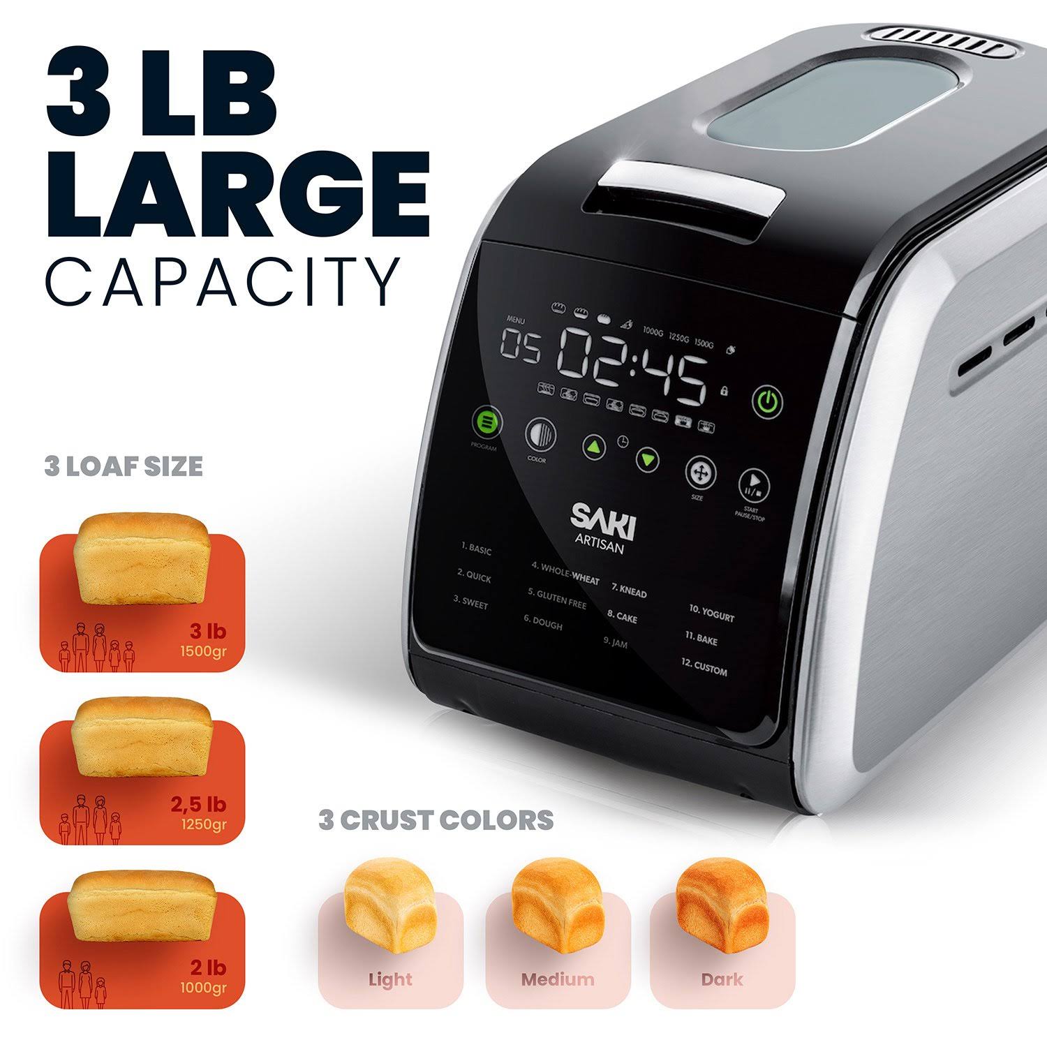 Saki 12 In 1 Programmable Xl Bread Maker With Nonstick Pan, 3.3 LBS Capacity
