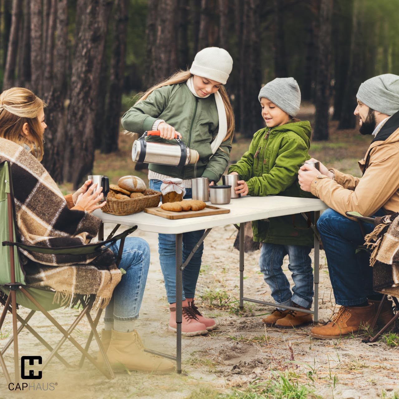 CAPHAUS 47.2 in Folding Table, Utility Craft Table w/Carrying Handle, Heavy Duty Portable Fold Up Table, Outdoor and Indoor, Adjustable Height Plastic Table for Camping, Picnic, Office, Home, White