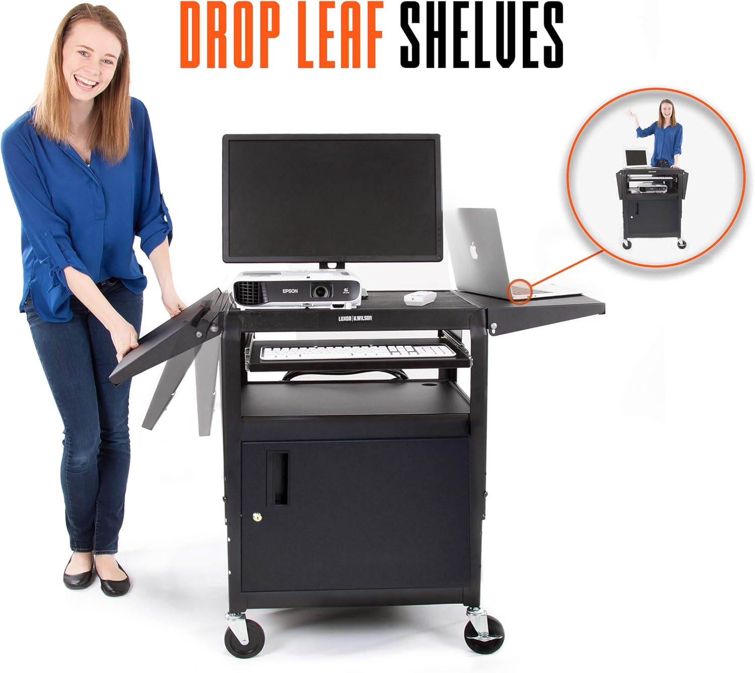 Line Leader AV Cart with Locking Cabinet and Drop Leaves | Height Adjustable Utility Cart with Extra Storage | Power Strip and Cord Management | Great for Presentations (Black / 46 x 18)