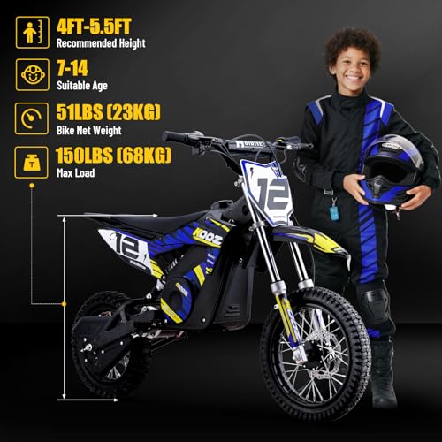 KOOZ HP112E 36V 1000W Electric Dirt Bike for Kids, 3 Speed Modes Teen Electric Motorcycle Up to 18 MPH & 15 Miles Long-Range, Dual Suspension & Disc Brake, 16