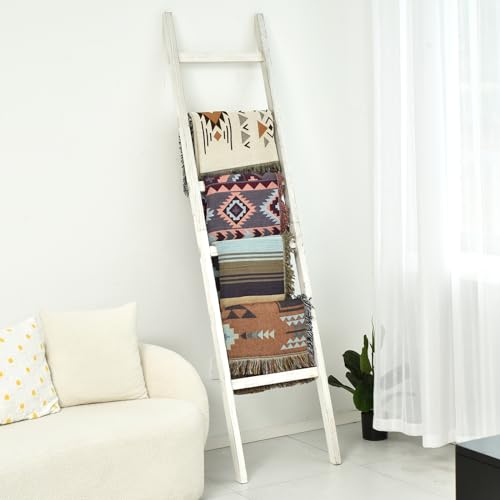 FUIN Extra Wide 6.4ft Wooden Blanket Ladder Living Room Decorative Wal Leaning Farmhouse Quilt Display Holder Rustic Wood Towel Rack for Bathroom, Black, 38 inch wide