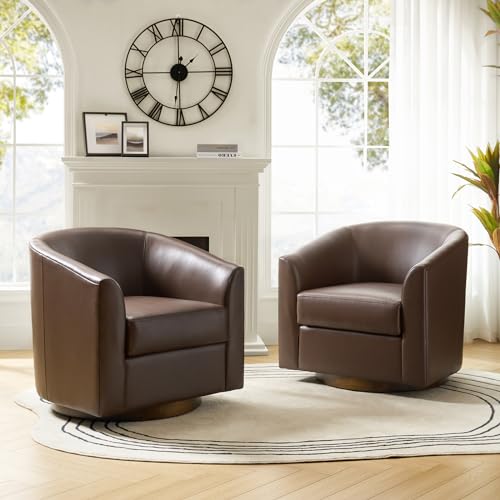HULALA HOME Swivel Barrel Chair Set of 2, Genuine Leather Swivel Accent Chair with Solid Wood Base, Round Barrel Chair for Living Room & Bedroom, Brown